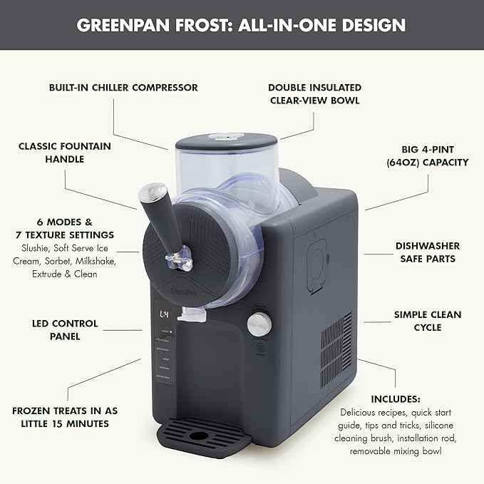 GreenPan Frost Ice Cream Maker & Slushie Machine, Soft Serve, Sorbet, Margaritas, Milkshakes, Frozen Yogurt, No Pre-Freezing, Ready in 15 Mins, 6 Modes, 7 Textures, Self-Cleaning, Family Size, Gray