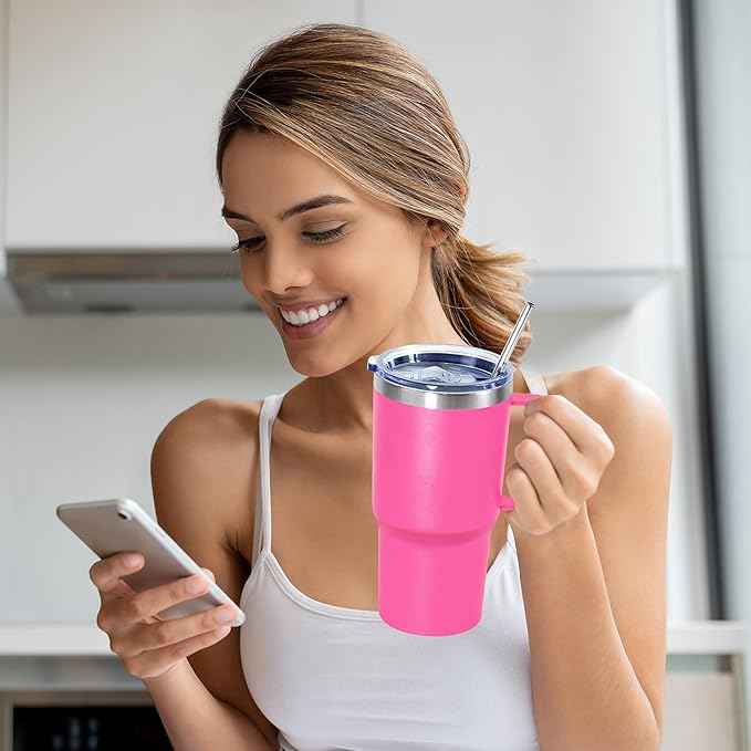 20 oz Tumbler with Handle, insulated cup coffee mug with lid, straw and handle, Double Wall Stainless Steel Vacuum Coffee Tumbler travel mug spill proof, 1pcs Rose Red