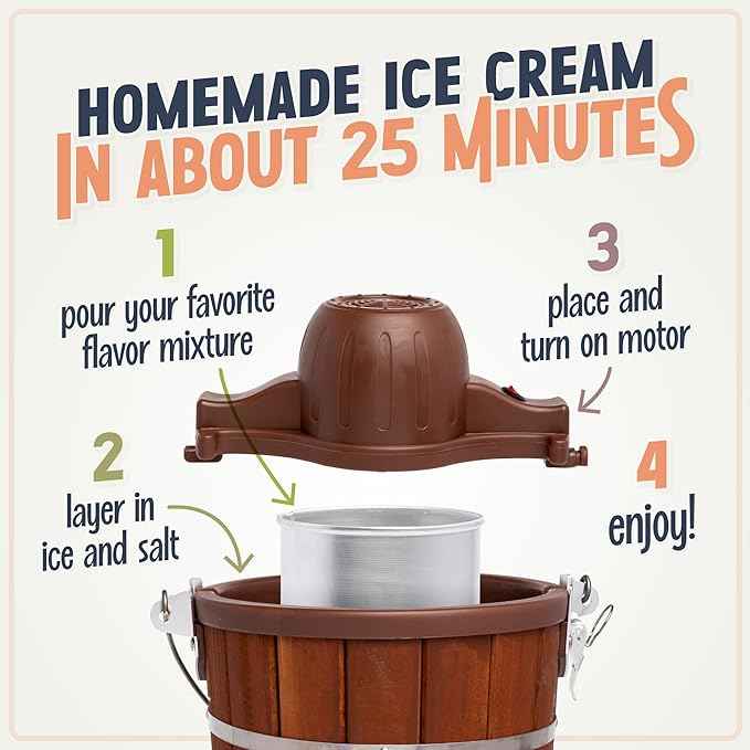 Nostalgia Electric Ice Cream Maker With 6 Qt Capacity - Old Fashioned Ice Cream Machine Makes Frozen Yogurt or Gelato in Minutes- Vintage Wooden Style Ice Cream Maker with Aluminum Canister- Dark Wood