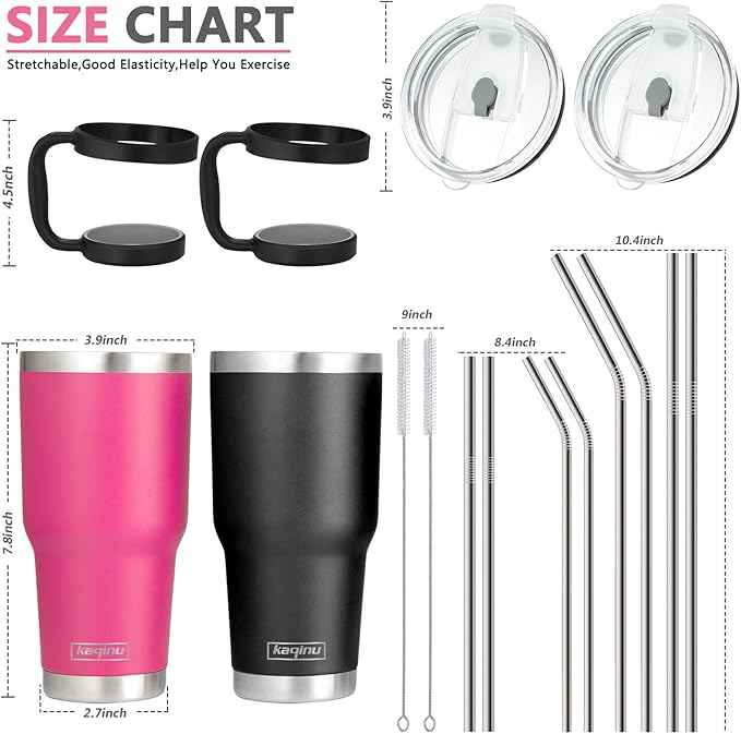 30oz Tumbler, 2 Packs Stainless Steel Double Wall Vacuum Insulated Tumbler Travel Mug With 8Pcs Reusable Straw, 2Pcs Slider Lid, Cleaning Brush, 2Pcs Handles (Black + Purple)