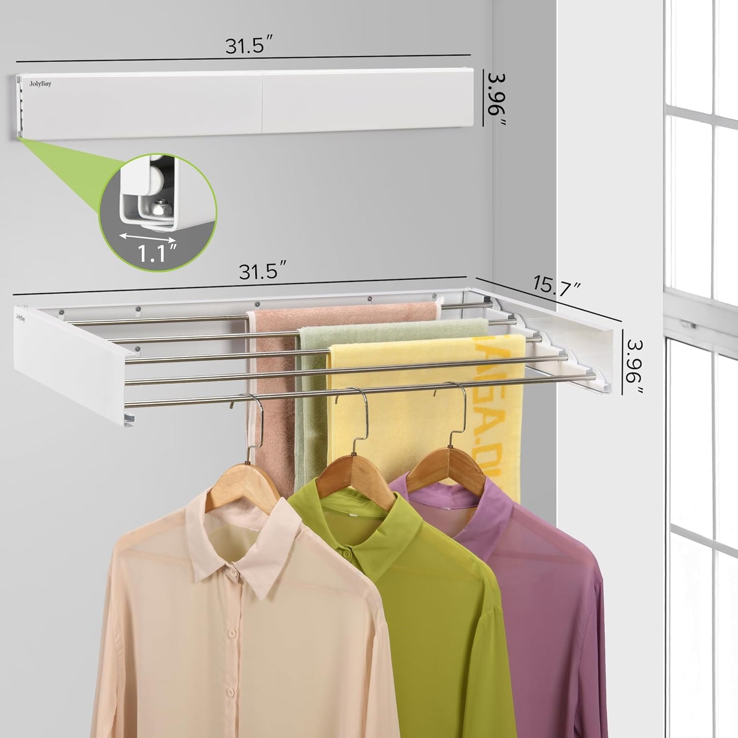 Wall Mounted Laundry Drying Rack, Retractable Clothes Drying Rack for Bathroom with Wall Template, 5 Stainless Rods Heaving 60 lb Capacity (White, 31.5")