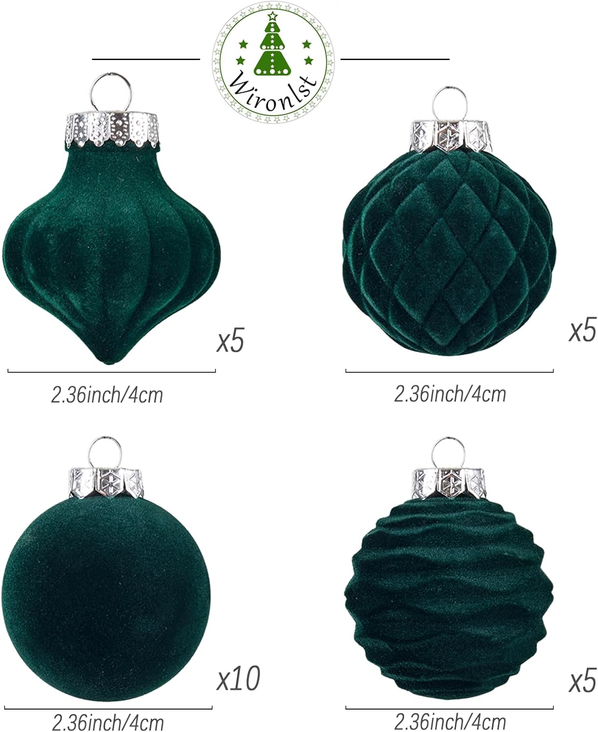 Wironlst Velvet Ornaments for Christmas Tree, 4 Style Flocked Matte Velvet Christmas Ball Ornaments, Shatterproof Decor for Xmas Tree Wedding Holiday Party Home(2.36" 25pcs Green)
