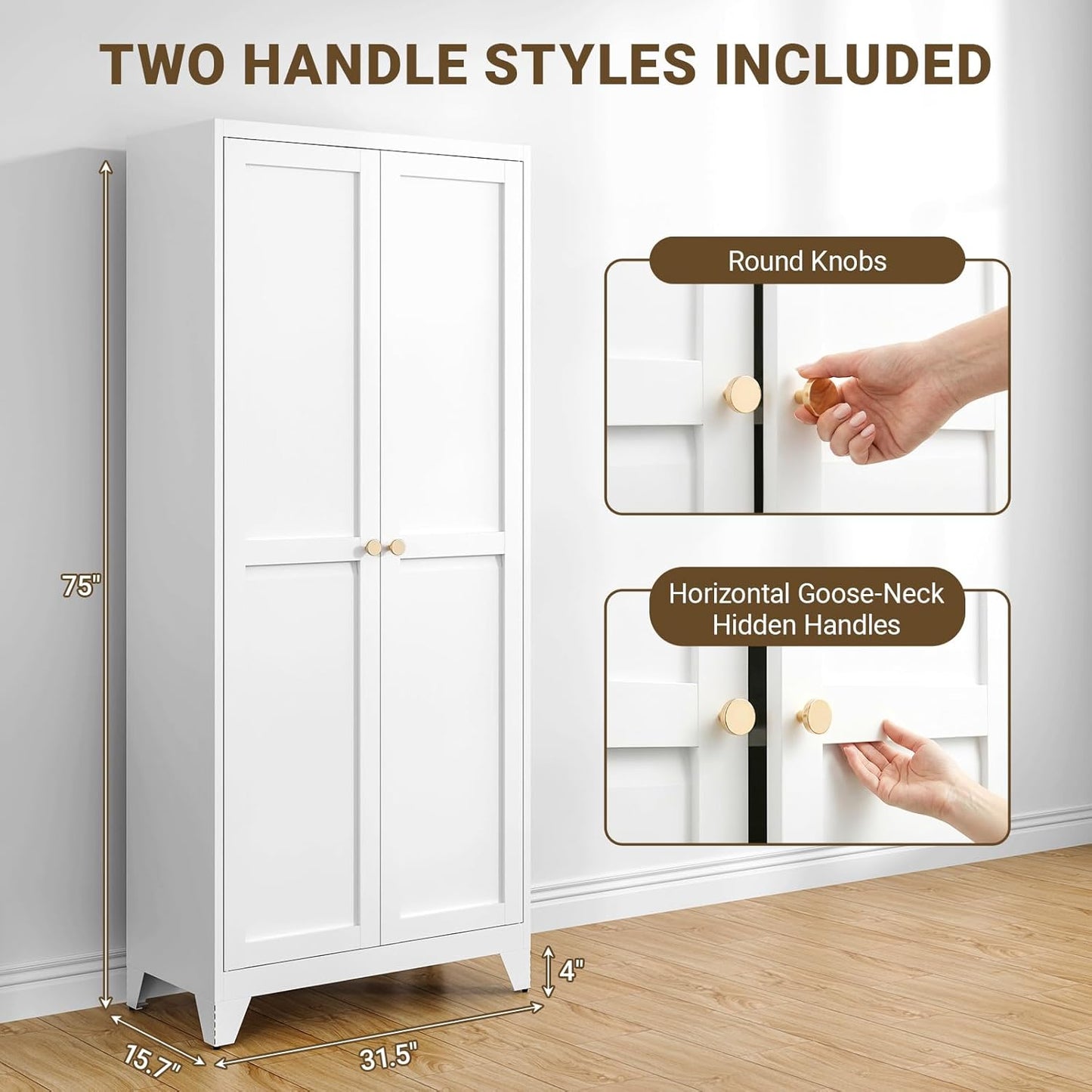 75" Tall Metal Kitchen Pantry Cabinet, Freestanding Steel Storage Cabinet with Doors, 5 Adjustable Shelves, for Dining Room, White