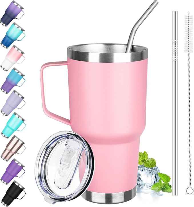30 oz Stainless Steel Tumbler with Handle, Double Wall Vacuum Insulated Coffee Mug Tumbler with Lid and Straw, Thermal Cup for Cold and Hot (Pink)