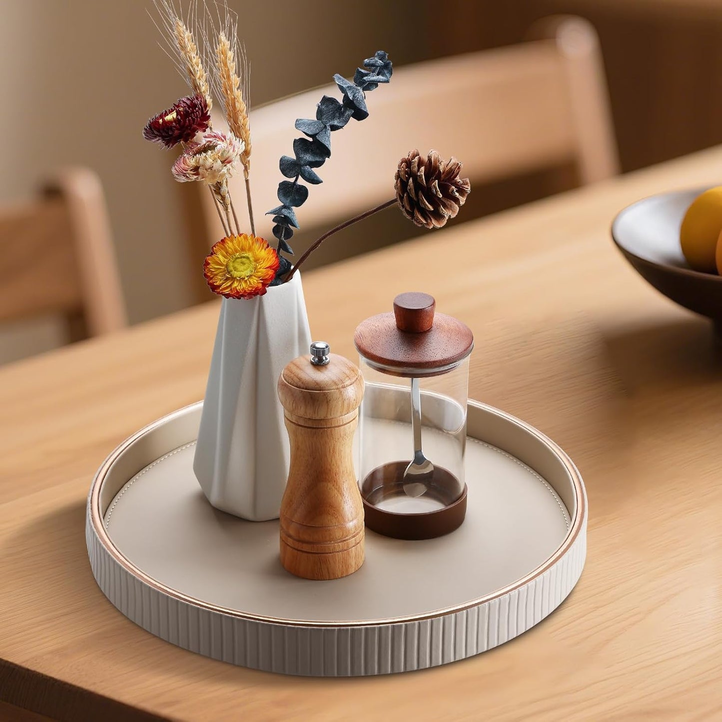 KINGFOM Decorative Serving Tray, PU Leather Valet Nightstand Desk Organizer for Men Women, Round Tray Decor for Coffee Table/Home Decor, Modern Decorative, Centerpiece (Beige)