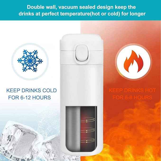 YINJAM Insulated Travel Water Bottle Metal Coffee Cup Mug Stainless Steel Reusable Flask Tumbler for Men Women Gym Hiking Sports (White, 15 Oz)