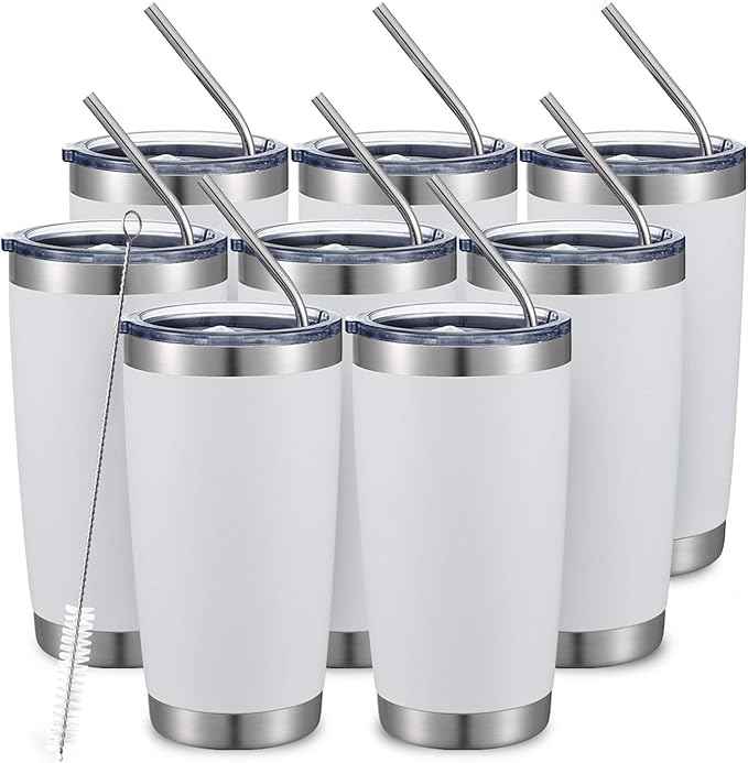 COMOOO 20oz/8Pack White Tumbler Double Wall Vacuum Insulated Coffee Travel Mug Stainless Steel Tumbler Bulk with Lid and Straw Powder Coated Insulated Coffee Cup for Cold & Hot Drinks (White, 8 Pack)