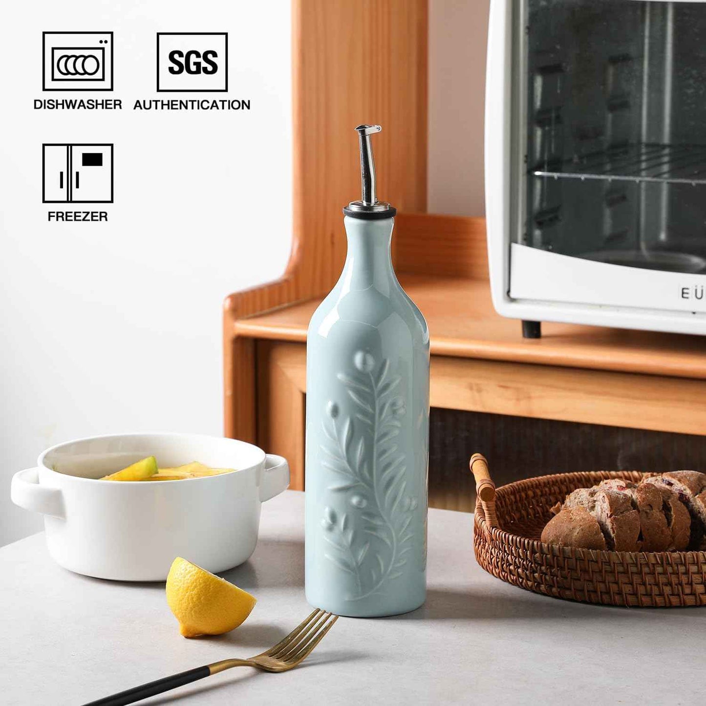 Sweejar Large Olive Oil Dispenser Bottle with Spout, 24 Oz Ceramic Oil Dispenser for Kitchen, Relief Opaque Cruet, Container for Cooking, EVOO, Vinegar, Pack of 1 (Light Blue)