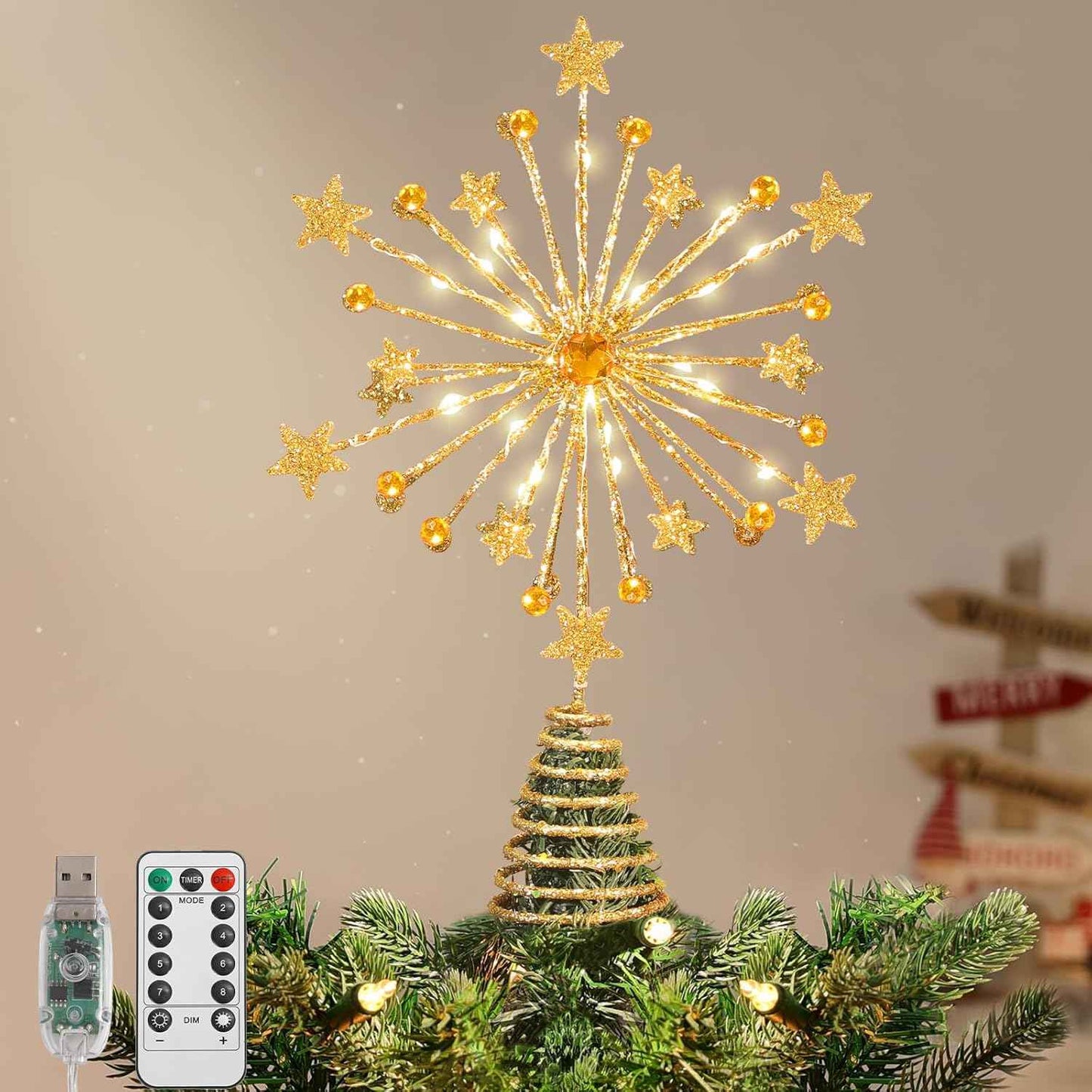 Lewondr Christmas Tree Topper, 13'' Metal Twinkly Xmas Starburst Tree Topper with 20 LED Bulbs, USB Powered Lighted Star Treetop for Christmas Ornaments, Remote Control, 6H Timer, 8 Light Modes, Gold