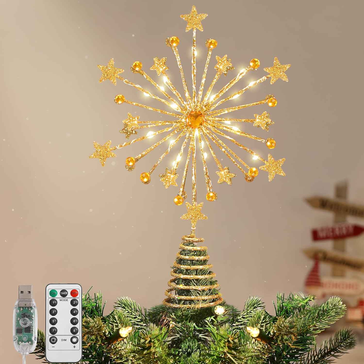 Lewondr Christmas Tree Topper, 13'' Metal Twinkly Xmas Starburst Tree Topper with 20 LED Bulbs, USB Powered Lighted Star Treetop for Christmas Ornaments, Remote Control, 6H Timer, 8 Light Modes, Gold