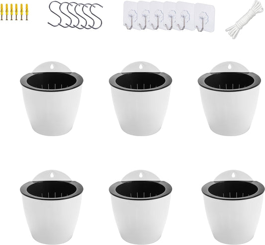 6 Pack White Hanging Planter Pots Self Watering Vertical Garden Wall Mount Window Hang Round Plastic Container Indoor Outdoor for Plants Flowers Succulent Kitchen Living Herbs Holder Decor(Large)