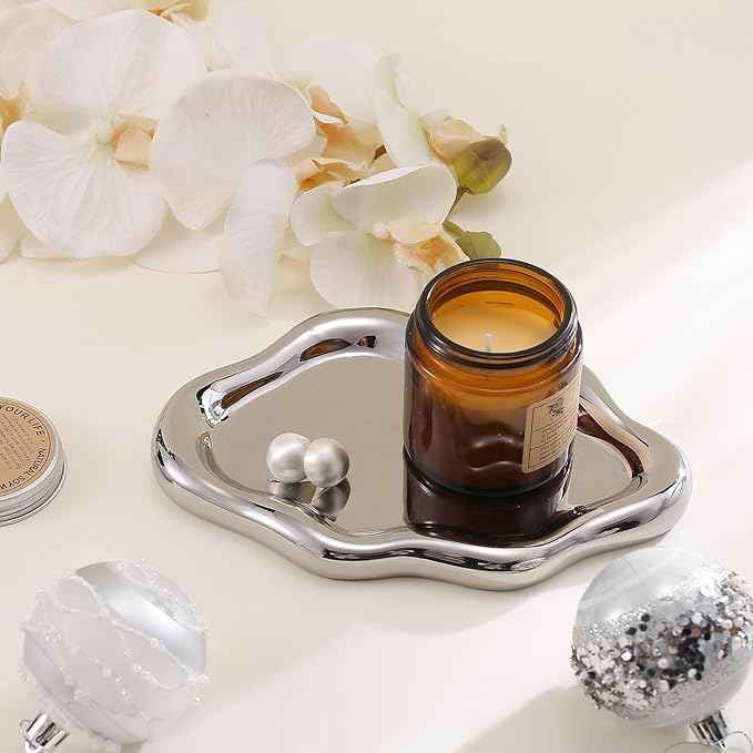 CCINPPY Ceramic Jewelry Tray Trinket Dish, Decorative Cloud Vanity Key Tray for Women, Ring Holder Dish, Cute Jewelry Plate Bowl Room Decor Aesthetic, Silver, Large