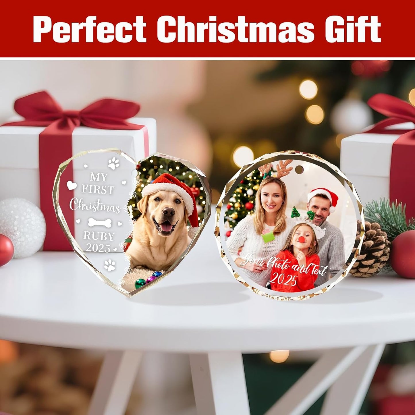 Personalized Christmas Ornaments 2025 - Personalized Christmas Crystal Decor with Photo/Name, Custom Xmas Tree Crystal Glass Hanging Ornament, Customized Decoration Gifts for Family Lovers