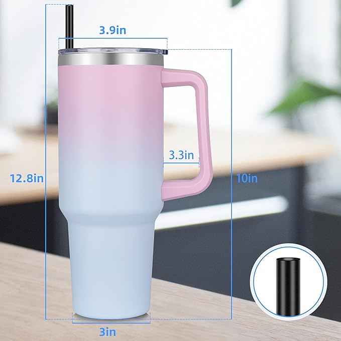 DOMICARE 40 oz Tumbler with Handle and Straw, Stainless Steel Tumbler with Lid and Straw, Reusable Vacuum Insulated Cup, Travel Coffee Mug, Dreamy Pink Blue, 1Pack