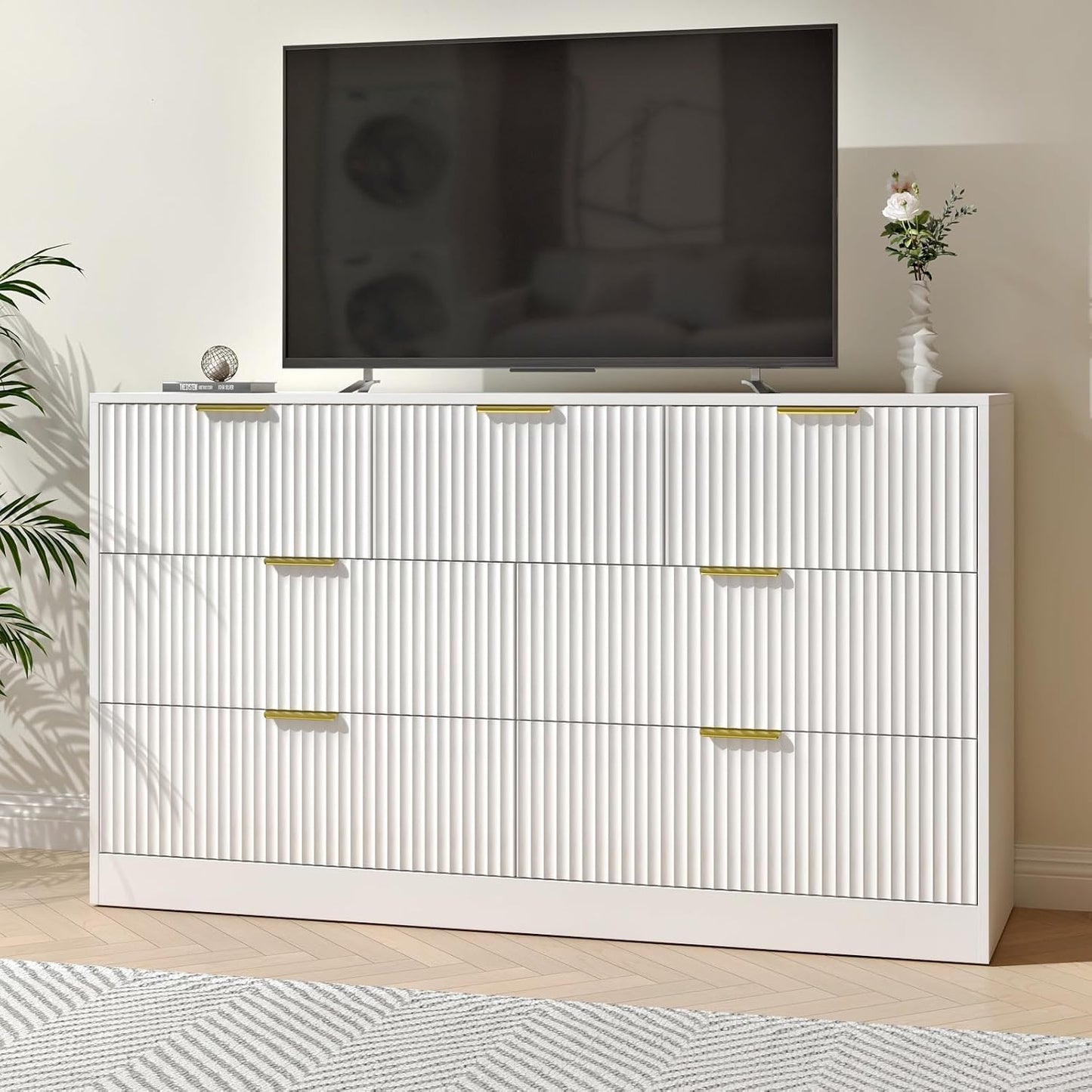 White 7 Drawer Dresser for Bedroom, 55” Wide Fluted Dresser with Gold Handles, Modern Chest of Drawer for Bedroom, Closet, Living Room, Entryway, Hallway, White