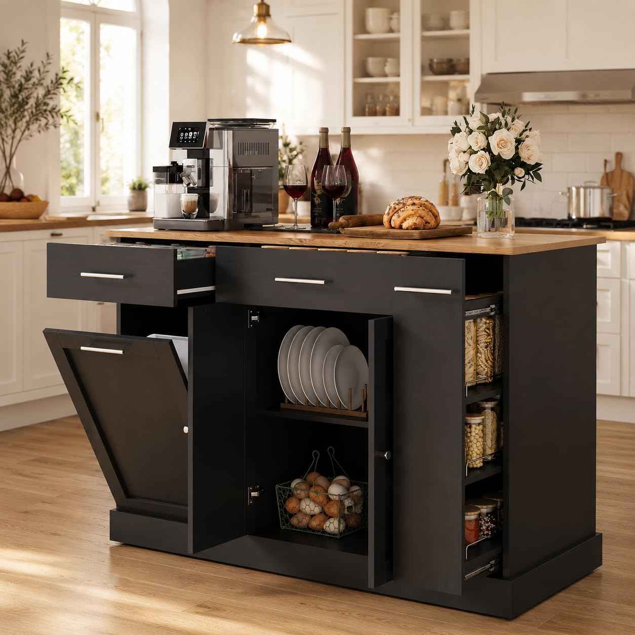4 EVER WINNER Kitchen Island with Trash Can, 53" Rolling Kitchen Island with Storage and 3-Large Spice Racks, Portable Kitchen Island with Adjustable Shelves, Black