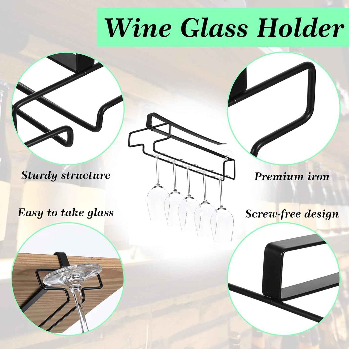 4 Pcs Wine Glass Holder, Stemware Rack Hanger Under Cabinet Wine Glass Rack Kitchen Hanging Glasses Storage Rack Organizer, Black
