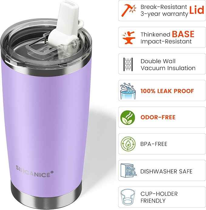 20oz Hygienic Insulated Tumbler — 100% Leakproof Lid with Removable Spout & Straw, Reinforced Vacuum-Protection Base, Cup Holder Friendly, for Iced Coffee, Smoothie/Water on the Go - Lilac