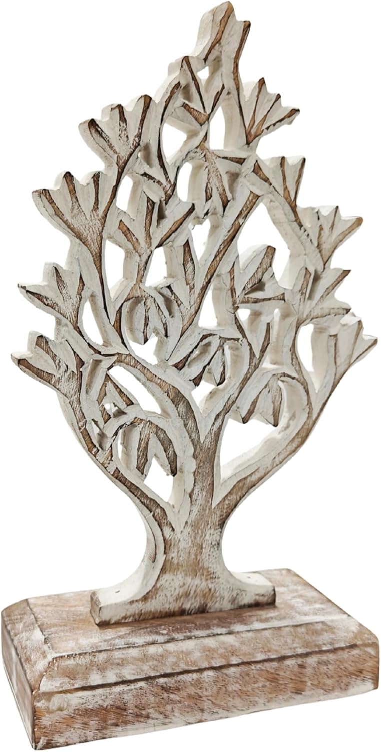 VANIYA CRAFTS® Rustic Wooden Tree Shape Table Sculpture – Handmade Carved Home Decor Accent for Living Room, Bedroom, Entryway, or Office (Antique White Finish)