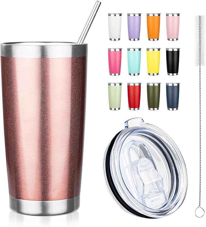 20oz Tumbler with Straw and Brush, Stainless Steel Vacuum Insulated tumbler, Double Wall Insulated Coffee Tumbler for Outdoor, Home, Travel,Office (Rose Gold,1pcs)