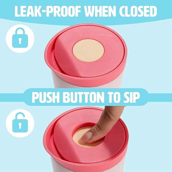 Tasty 12oz Insulated Stainless Steel Push Mug, Leak-Proof Lid with One-Hand Open/Close Button, Travel Coffee Cup, Double Wall Vacuum Flask, Pink