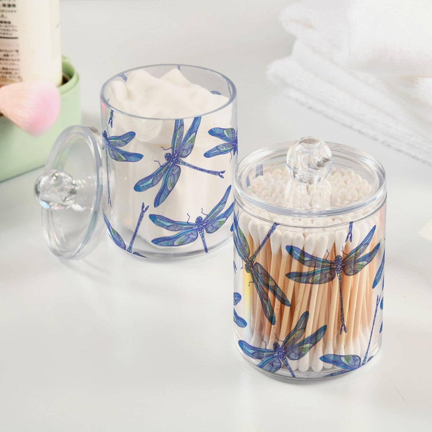 2 Pack Qtip Holder Organizer Dispenser Dragonflies Bathroom Storage Canister Cotton Ball Holder Container for Cotton Swabs/Pads/Floss