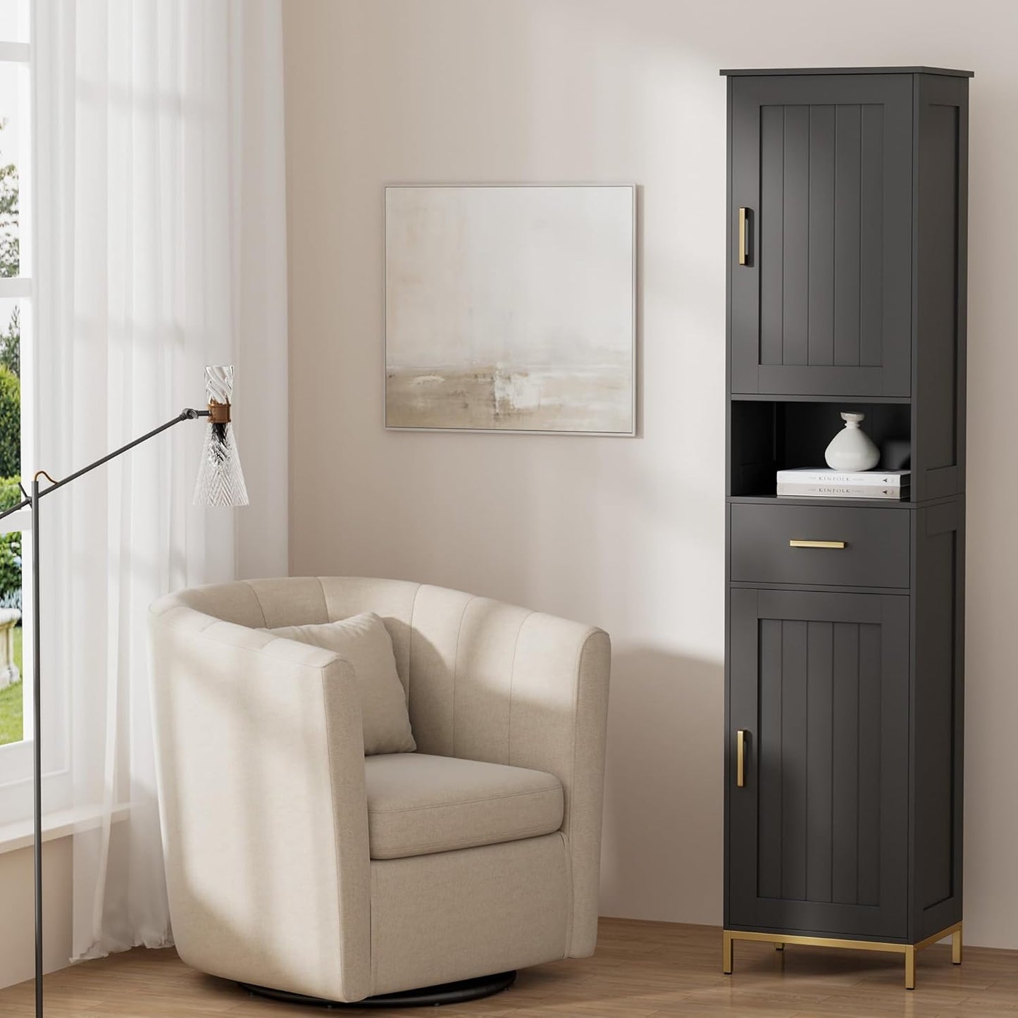 Homhedy 67" H Bathroom Storage Cabinet, Tall Storage Cabinet with Adjustable Shelves, Freestanding Cabinet with Doors and Drawer, Narrow Cabinet for Bathroom, Living Room, Kitchen, Dining Room, Black