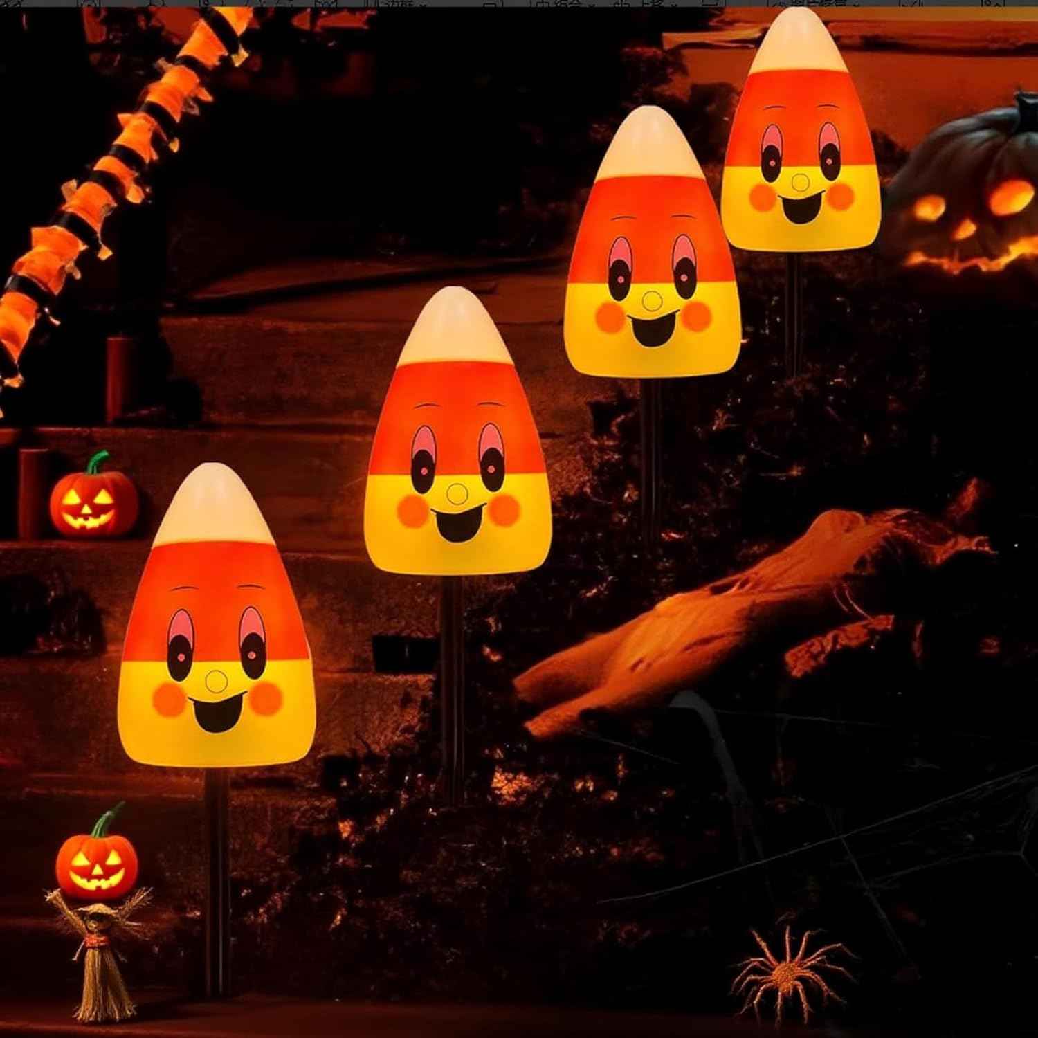 4 Pack Halloween Candy Corn Pathway Marker Lights with C7 Clear Bulbs, 7Ft Candy Night Light with 4 Stakes, Extendable Waterproof Pathway Decor for Yard Porch Lawn Pathway Garden