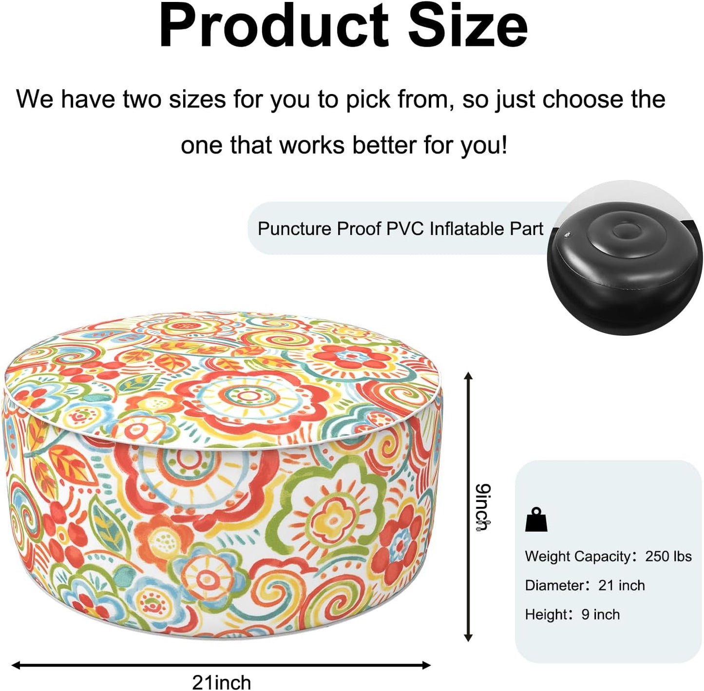 Inflatable Ottoman Stool D21 xH9 for Outdoor/Indoor Use, Water Repellent Patio Foot Rest Stool with Portable Handle,Round Pouf Ottoman Suitable for Garden,Deck and Camping - Flower Red