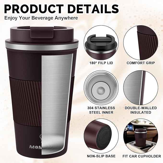 MOMSIV 17oz Travel Mug, Insulated Coffee Cup with Leakproof Lid, Vacuum Stainless Steel Double Walled Reusable Tumbler for Hot and Cold Water Coffee and Tea In Travel and Car