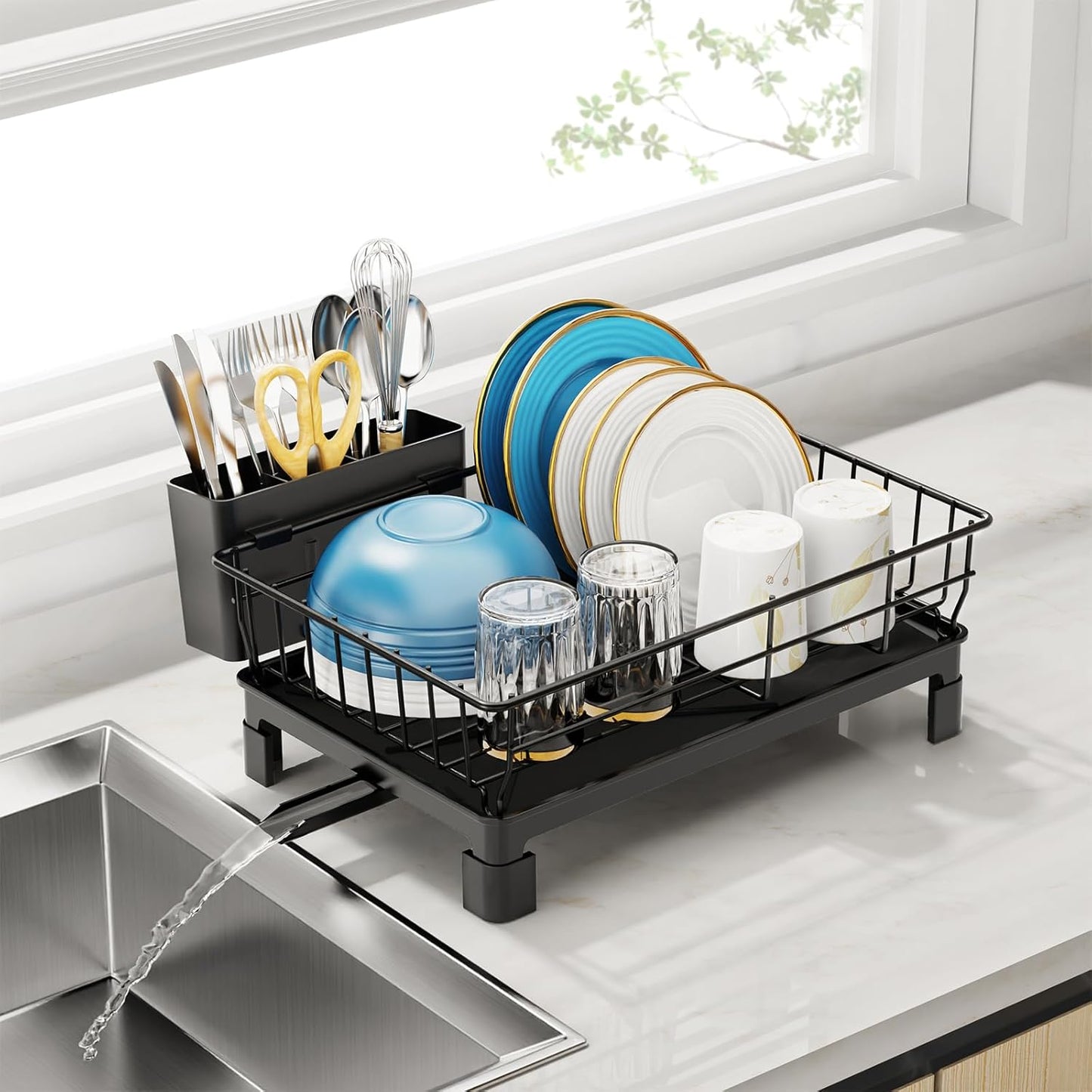 GSlife Small Dish Drying Rack for Kitchen Counter with Drainboard - Compact Dish Drainer for RV, Camper and Apartment, Rust-Resistant Wire Rack with Utensil Holder, 15"L x 10"W, Black