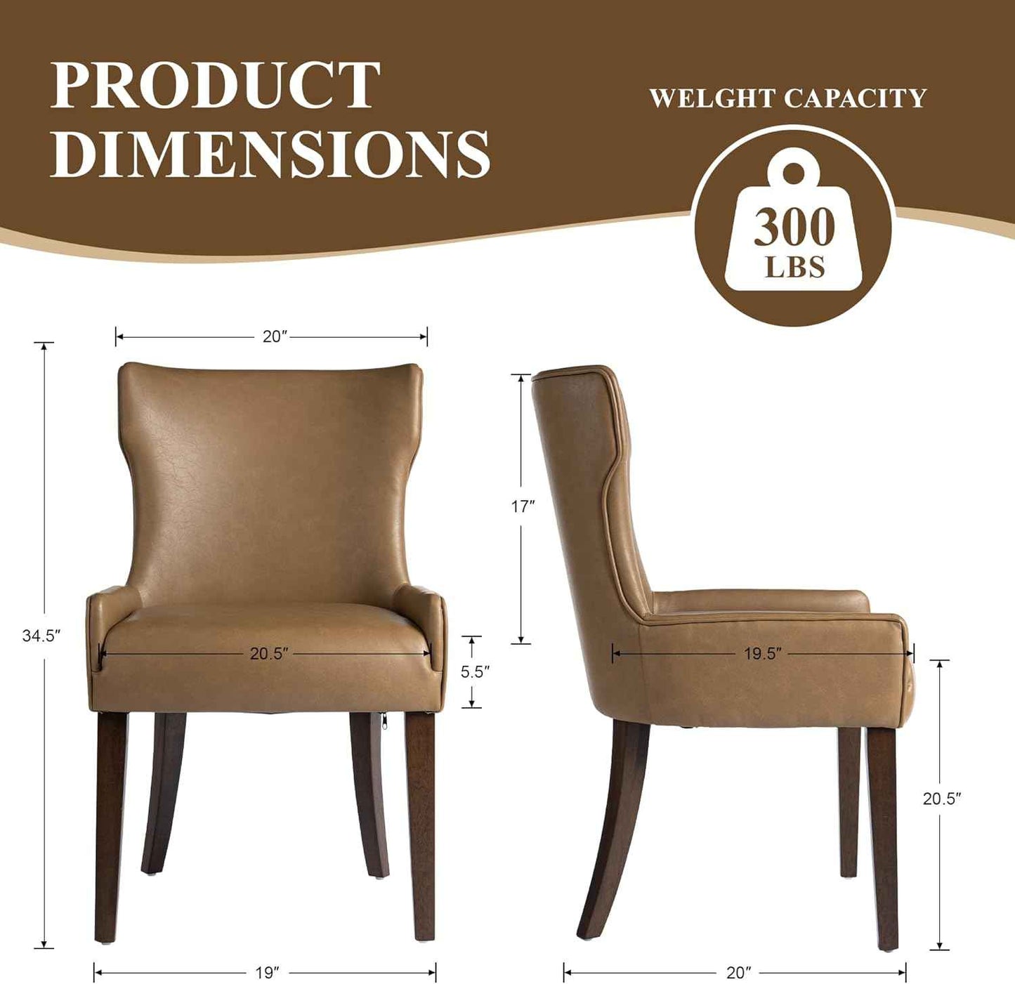 Modern Dining Chairs Set of 4, Faux Leather Kitchen Chairs with Wood Legs, Upholstered Curved Back Side Accent Chair for Kitchen/Dining Room, Brown PU