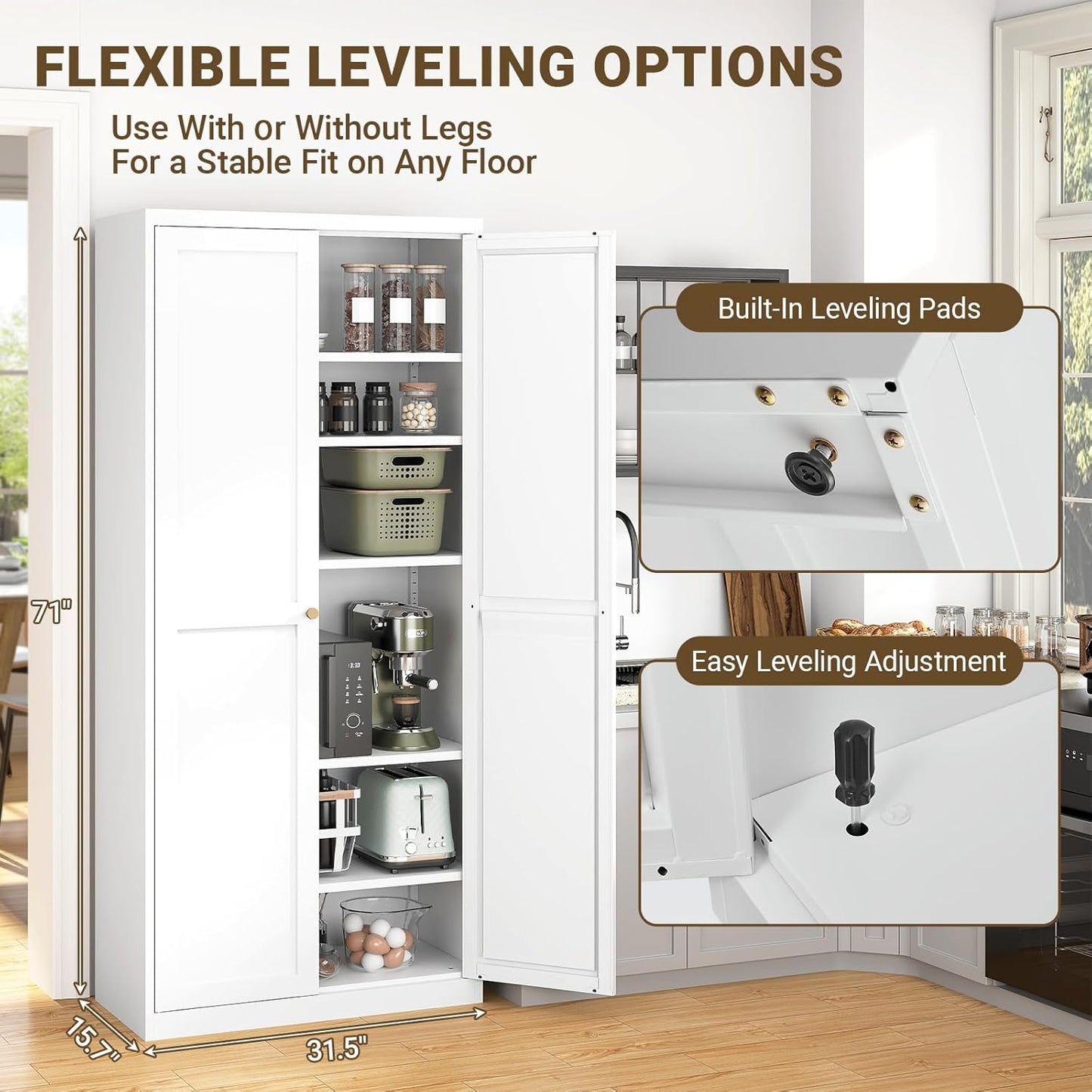 75" Tall Metal Kitchen Pantry Cabinet, Freestanding Steel Storage Cabinet with Doors, 5 Adjustable Shelves, for Dining Room, White
