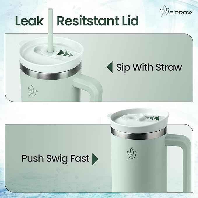 40oz Tumbler with Handle and Straw Insulated Stainless Steel Travel Mug Vacuum Double Wall Coffee Cup Leak Resistant Lid BPA-Free Cup Holder Friendly for Hot & Cold Drinks, Pastel Green