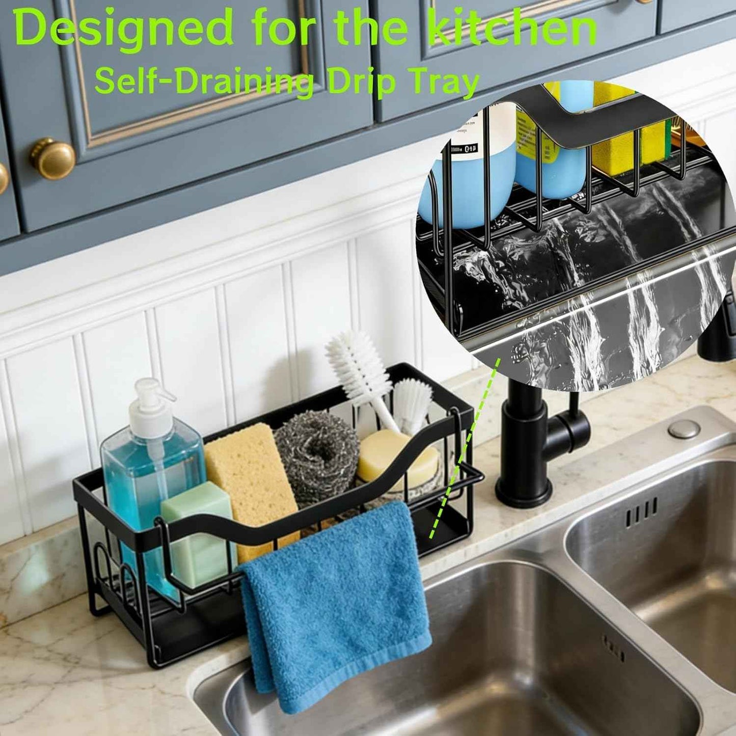 Sponge Holder for Kitchen Sink - Sink Caddy Organizer with Auto Drain Tray, Detachable Towel Rack, Stainless Steel Kitchen Counter Organizer Rack, Black