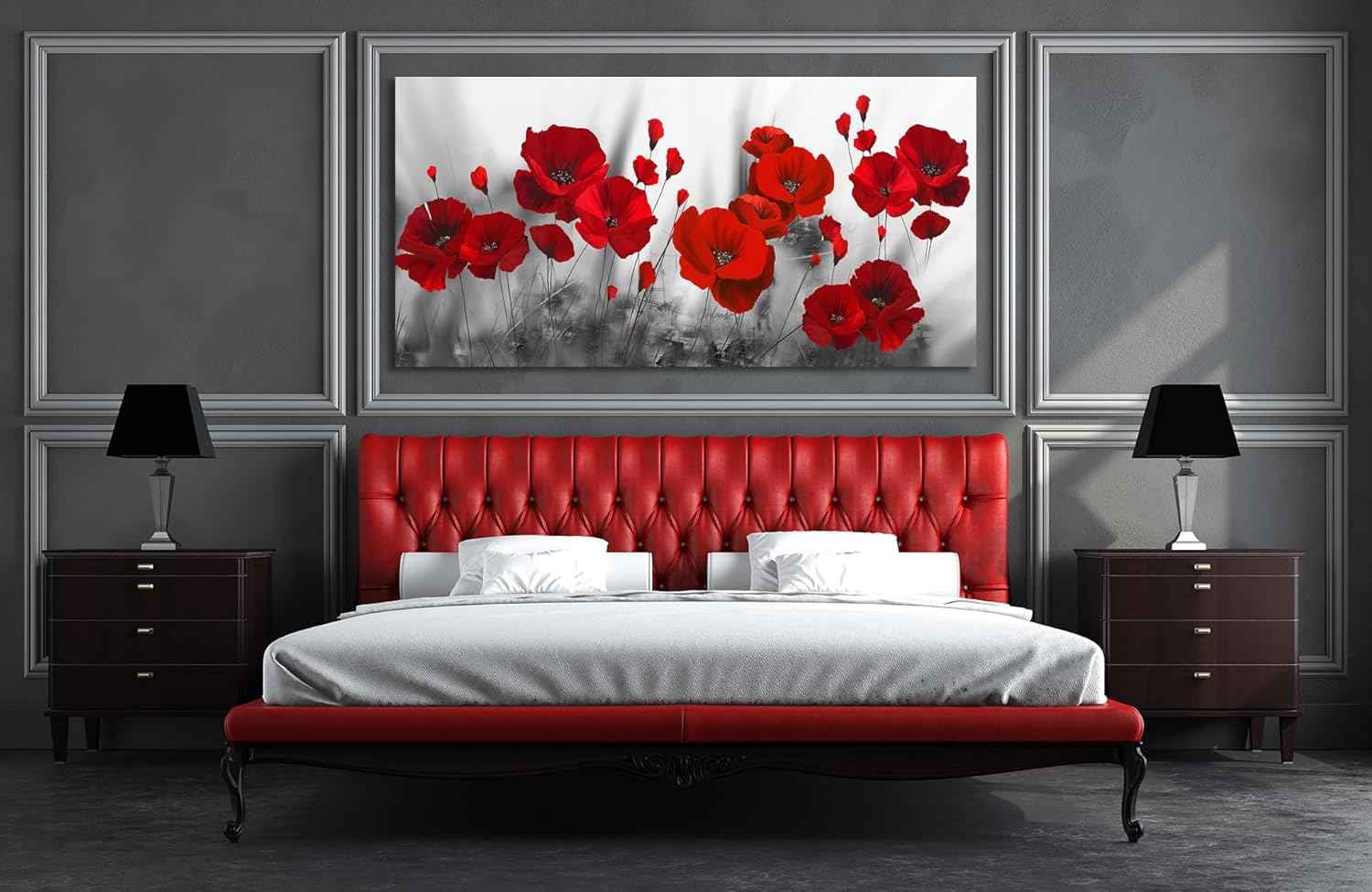 Red Flower Large Wall Art for Living Room - 48"L x 24"W Black and White Canvas Wall Art Bedroom Modern Abstract Floral Large Artwork Paintings Prints Pictures Wall Decor