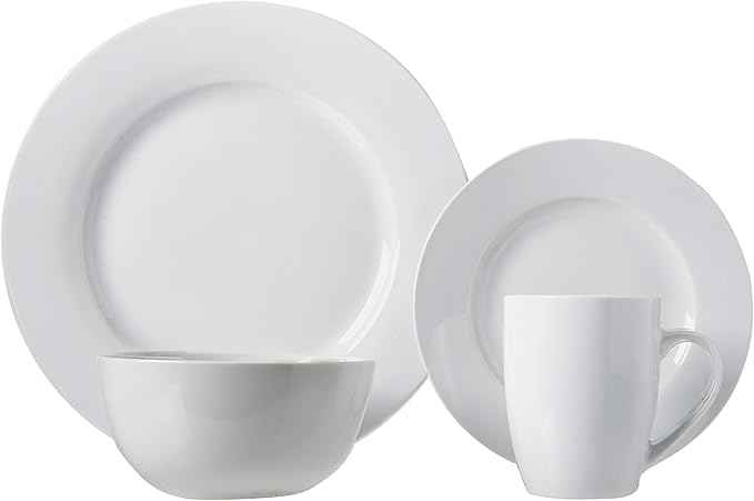 Amazon Basics 16-Piece Porcelain Dinnerware Set, Microwave and Dishwasher Safe, Service for 4, Plates, Bowls and Mugs, White