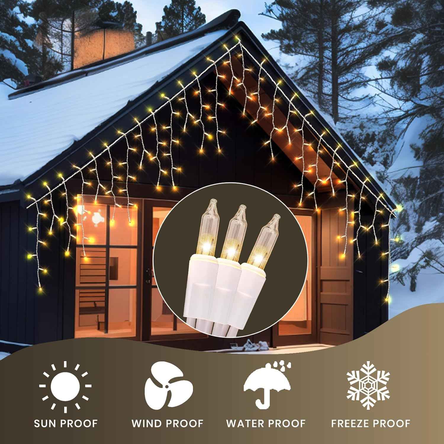 Icicle Lights for Outside 150 10ft 27 Drops Icicle Christmas Lights Outdoor Warm White Incandescent String Lights Indoor and Outdoor UL Listed for Patio Garden Wedding Bedroom (Mini Bulb)