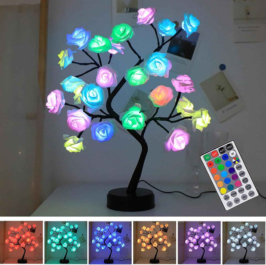 17 Colors Rose Tree Lamp, Color Changing Multicolor LED Table Lamp with Remote, 18" Pink Flower Bonsai Tree Light, Decorative Desk Tree for Mother’s Day, Christmas, Valentine’s Day, Wedding Decor