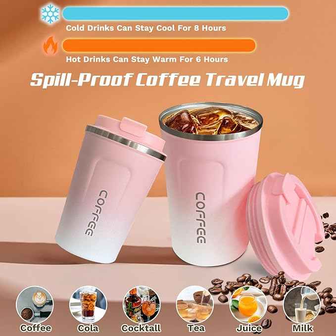 SPLMIFA Travel Coffee Mug Leak-Proof, Reusable Coffee Cups with Lids, Stainless Steel Vacuum Insulated Coffee Tumblers, Thermal Insulation Cup for Men and Women Hot & Cold Drinks(2nd-Pink White, 12OZ)