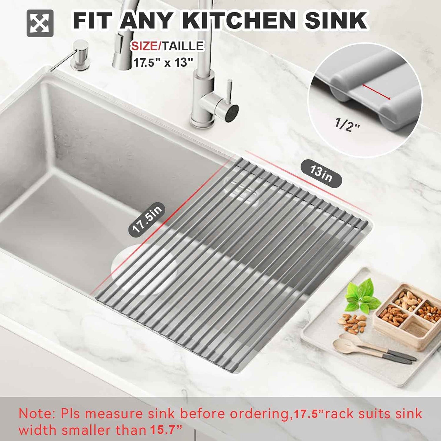 MERRYBOX Roll Up Dish Drying Rack, Over The Sink Dish Rack Foldable, Heat-Resistant, Anti-Slip Silicone Coated Steel Dish Drainer for Kitchen Sink, Multipurpose Roll Up Sink Drying Rack, 17.5" x 13"