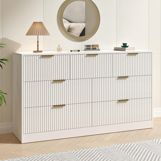 White 7 Drawer Dresser for Bedroom, 55” Wide Fluted Dresser with Gold Handles, Modern Chest of Drawer for Bedroom, Closet, Living Room, Entryway, Hallway, White