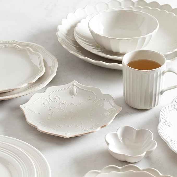 Lenox Dinnerware Set, French Perle Scallop 4-Piece Place Setting, Service For 1, Dinnerware Set, Stoneware, Includes Plates, Bowl, and Mug, Dishwasher And Microwave Safe, Dish Set (White, 4 Piece)