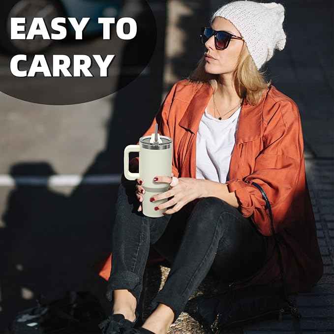 30 oz Tumbler with Handle,Tumbler with Lid and Straw,Double Wall Insulated Cup Stainless Steel Travel Mug(Cold for 34 Hours),Water Bottle for Iced Tea,Coffee,Cold Beverages(Cream White)