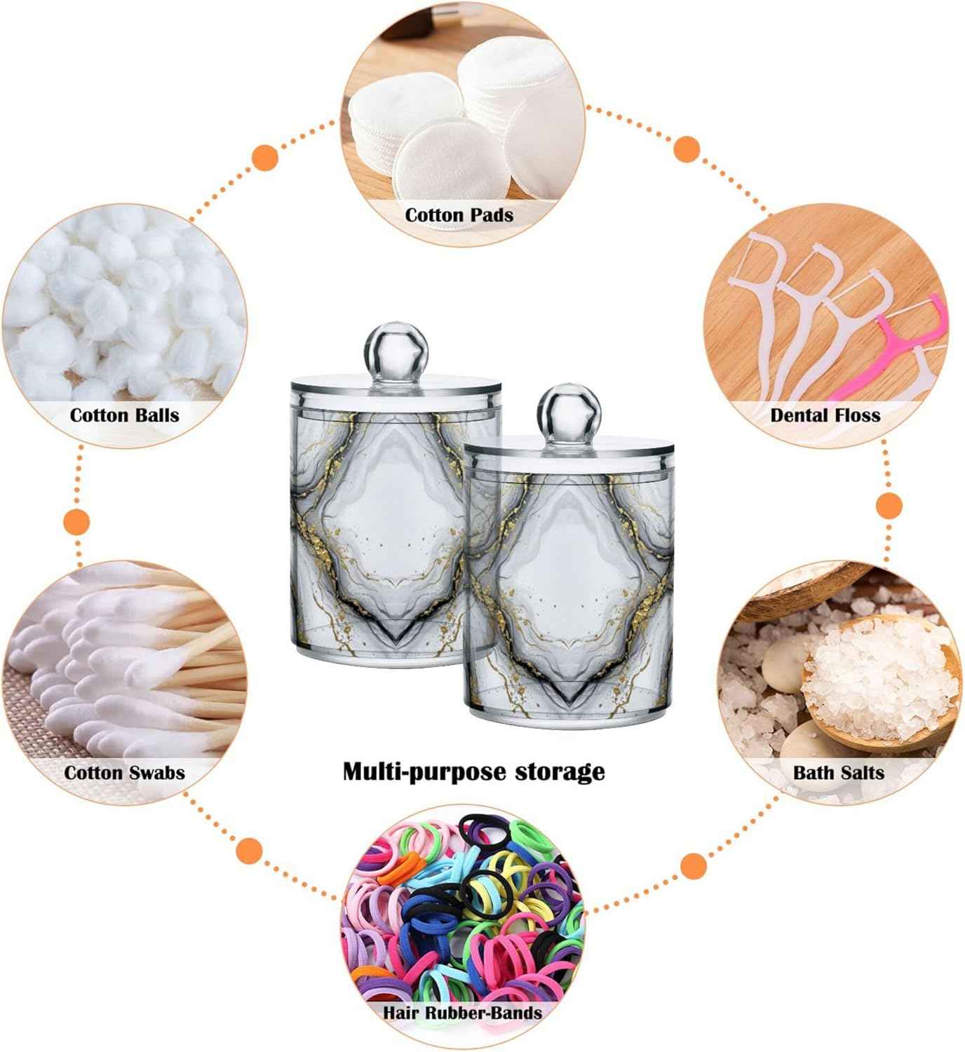 MNSRUU 2 Pack Qtip Holder Organizer Dispenser Marble White Gold Bathroom Storage Canister Cotton Ball Holder Bathroom Containers for Cotton Swabs/Pads/Floss