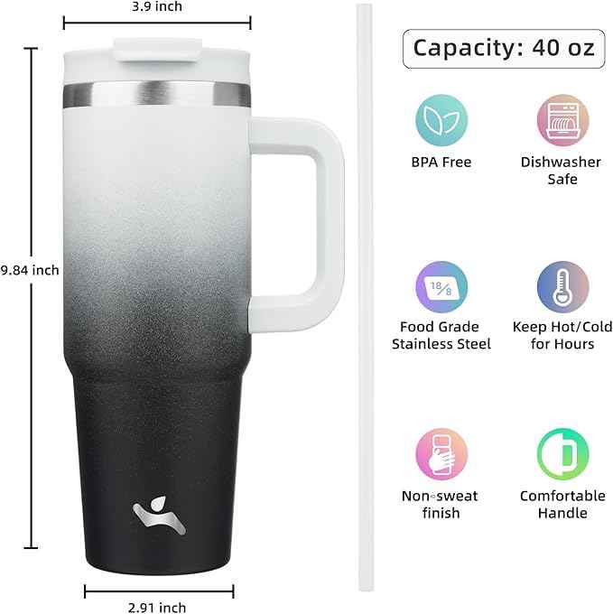 Konokyo 40 oz Tumbler with Handle and 2 Straws,2 in 1 Lid Insulated Water Bottle Stainless Steel Travel Coffee Mug,Day Night