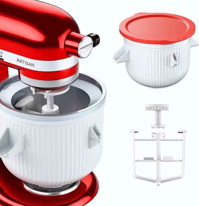 Ice Cream Maker Attachment for KitchenAid Stand Mixer, Ice Cream Bowl Compatible with 4.5Qt and Larger Stand Mixers, Ice Cream & Sorbet Gelato Maker Attachment, 2 Quart, White, With lid