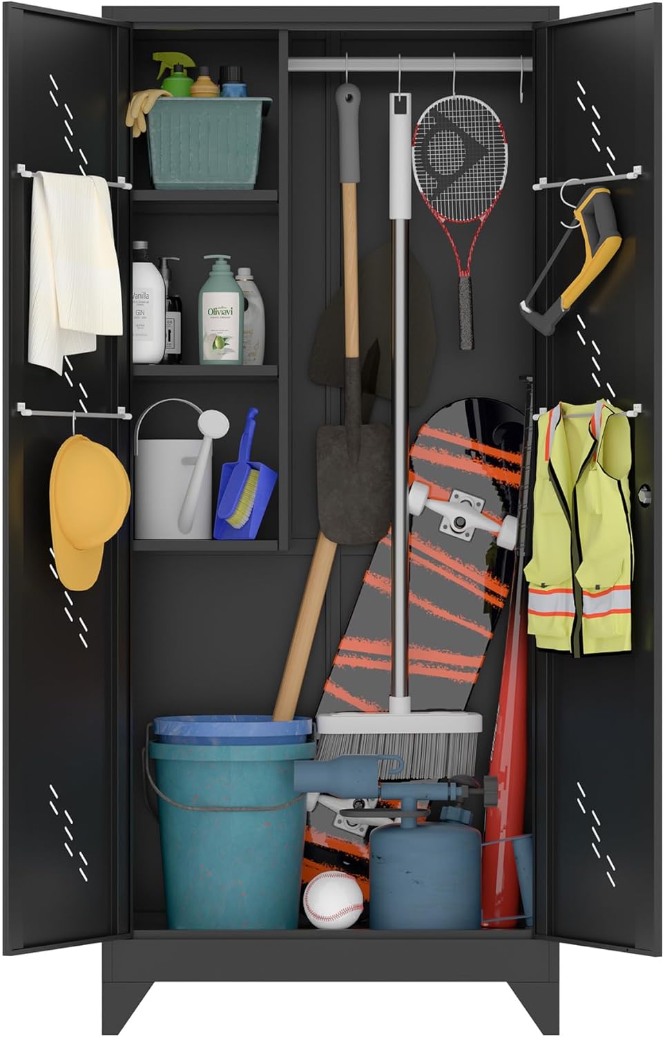 Metal Storage Cabinet with Lock Door, 75" Tall Garage Storage Cabinet with Hanging Rod, Broom Closet Bathroom Storage Cabinet, Cleaning Tool Cabinet - Lumora Casa