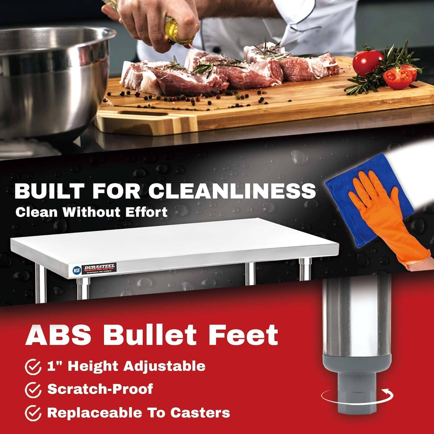 DuraSteel Stainless Steel Work Table 24" x 12" x 34" Height w/ 4 Caster Wheels - Food Prep Commercial Grade Worktable - NSF Certified - Good for Restaurant, Business, Warehouse, Home, Kitchen, Garage