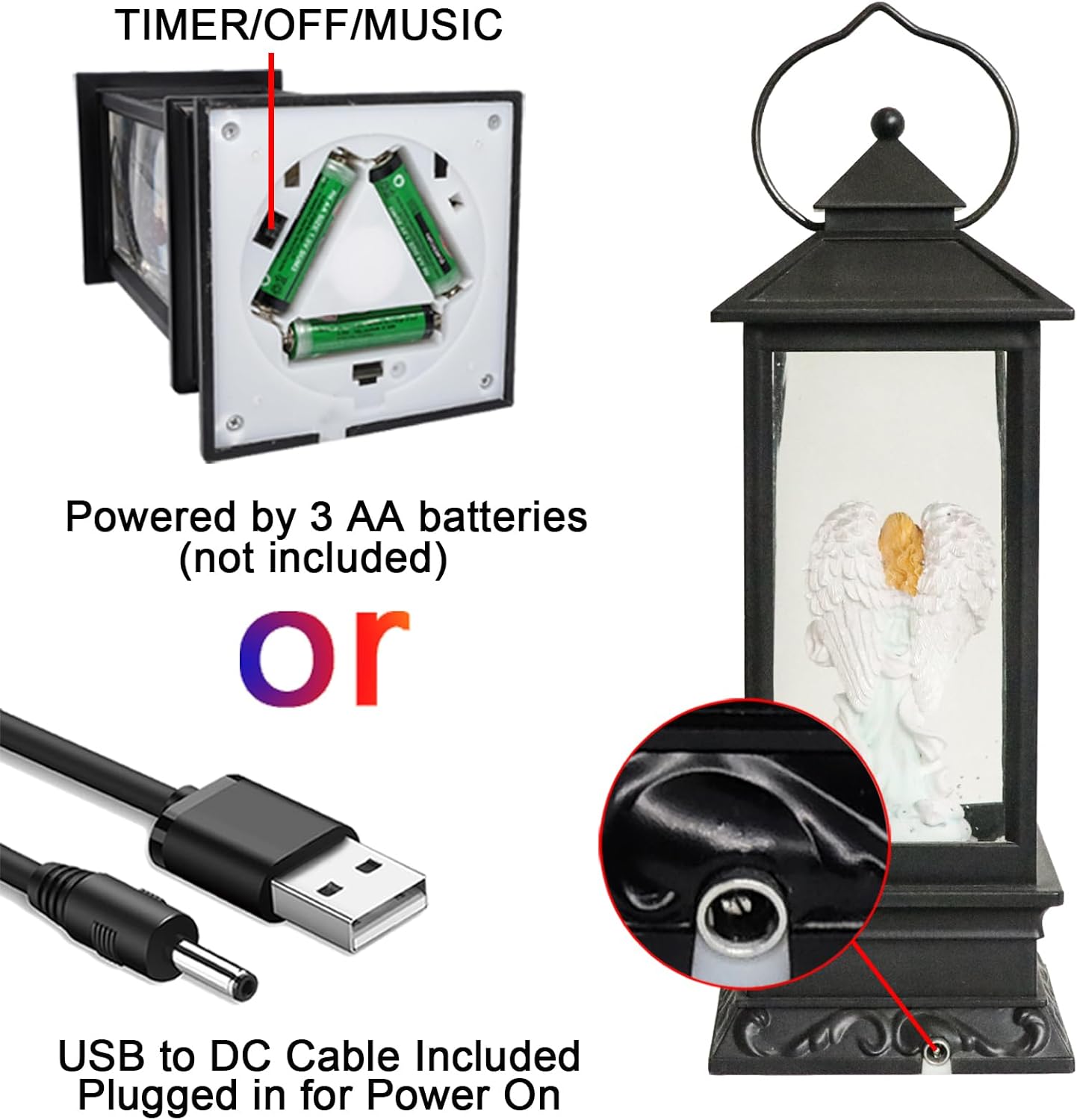 Eldnacele Musical Singing and Lighted Plug-in & Battery Operated Lighted Christmas Water Glittering Snowing Globe Christians Church Lantern for Home Decoration Angel